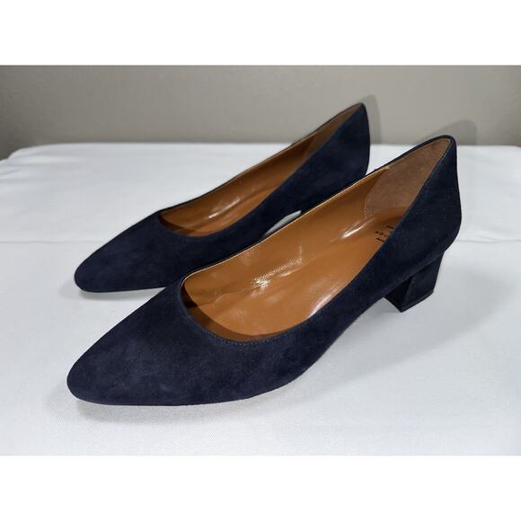 Aquatalia Pasha Navy Blue Suede Block High Heel Pumps Pointy Toe Shoes Size 8 - Picture 1 of 13